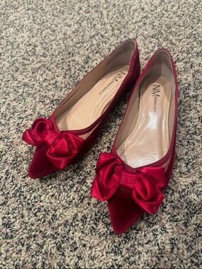 Neiman Marcus Crimson Velvet Pointed-Toe Flats with Satin Bow